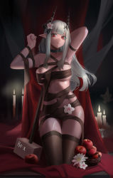 Rule 34 | 1girl, absurdres, apple, arknights, armpits, arms up, artist name, bandages, basket, black thighhighs, blunt bangs, breasts, candle, closed mouth, collar, collarbone, earrings, flower, food, fruit, full body, hammer, highres, horns, infection monitor (arknights), jewelry, kneeling, large breasts, looking at viewer, material growth, mudrock (arknights), mudrock (silent night) (arknights), naked bandage, navel, official alternate costume, oripathy lesion (arknights), pointy ears, red eyes, regenerate-x, sidelocks, silver hair, skindentation, solo, thigh gap, thighhighs, underboob, white flower
