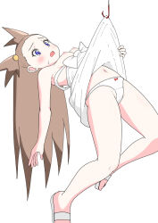 1girl blue_eyes blush breasts breasts_out brown_hair clothes_lift commentary_request creatures_(company) dress dress_lift game_freak hair_bobbles hair_ornament hook jasmine_(pokemon) knees long_hair nintendo nipples ocha_no open_mouth panties pokemon pokemon_gsc sandals simple_background solo suspension sweat two_side_up underwear white_background white_dress white_footwear white_panties