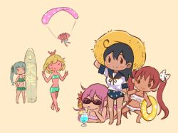 Rule 34 | 6+girls, ahoge, akebono (kancolle), bandaid, bandaid on cheek, bandaid on face, bell, bikini, bikini under clothes, blonde hair, blush stickers, bow, brown hair, chibi, closed eyes, cocktail glass, comic, commentary request, crab, cup, double v, drinking glass, drinking straw, elbow rest, flower, frilled bikini, frills, green bikini, green hair, hair bell, hair between eyes, hair bow, hair flower, hair ornament, hand on head, hat, highres, innertube, kantai collection, kasumi (kancolle), libeccio (kancolle), long hair, lying, multiple girls, navel, oboro (kancolle), on stomach, parasailing, pink hair, polka dot, polka dot swimsuit, purple hair, saiguchi otoufu, sailor collar, sailor shirt, shirt, short hair, side ponytail, smile, straw hat, sun hat, sunglasses, surfboard, swim ring, swimsuit, swimsuit under clothes, tan, translation request, twintails, ushio (kancolle), v, yellow background