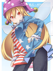 Rule 34 | 1girl, american flag dress, blonde hair, blush, clownpiece, commentary request, fairy wings, fur trim, hand on own hip, hat, highres, jester cap, long hair, long sleeves, looking at viewer, pants, red eyes, smile, solo, star (symbol), striped, tamahana, touhou, very long hair, wings