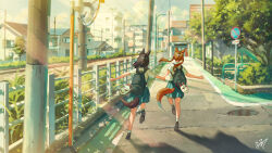 Rule 34 | 2girls, absurdres, animal ears, black hair, blue skirt, brown hair, building, city, commentary request, fox ears, fox mask, fox tail, hayateluc, highres, holding hands, house, manhole cover, mask, multiple girls, original, outdoors, park, pleated skirt, power lines, railing, road, road sign, running, scenery, school uniform, shirt, short hair, sign, simple background, skirt, sunlight, tail, traffic mirror, tree, utility pole, vanishing point, white shirt, window