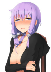 Rule 34 | 1girl, abmayo, absurdres, blue eyes, blush, breasts, cleavage, collarbone, crying, holding hands, highres, hood, hooded jacket, jacket, long hair, medium breasts, no bra, open clothes, open mouth, purple hair, solo, tears, vocaloid, voiceroid, white background, yuzuki yukari