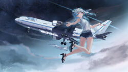 Rule 34 | 1girl, absurdres, aircraft, airplane, blue eyes, bow, cloud, cloudy sky, fighter jet, hair between eyes, hair bow, high heels, highres, indie virtual youtuber, jet, looking at viewer, midair, military vehicle, night, open mouth, outdoors, png pant (bus), shooting star, short shorts, shorts, sky, sleeveless, solo, star (sky), starry sky, twintails, usui clear, virtual youtuber, white hair