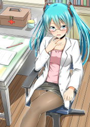 Rule 34 | 1girl, aqua hair, baretto (karasi07), bespectacled, doctor, first aid kit, glasses, hatsune miku, long hair, pantyhose, pen, solo, twintails, very long hair, vocaloid