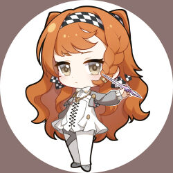 Rule 34 | 1girl, braid, brown eyes, checkered hairband, chibi, closed mouth, cross-laced clothes, cross-laced dress, dress, frilled dress, frills, full body, hair ornament, holding, holding wand, jewelry, long hair, looking at viewer, necklace, orange hair, que meng meng, reverse:1999, side braid, simple background, solo, sonetto (reverse:1999), turtleneck, turtleneck dress, very long hair, wand