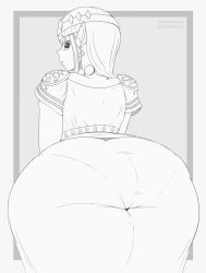 Rule 34 | 1girl, absurdres, ass, ass focus, dress, from behind, highres, huge ass, hyrule warriors, long hair, looking at viewer, looking back, monochrome, nintendo, pantylines, pointy ears, princess zelda, short sleeves, sketch, solo, the legend of zelda, thick thighs, thighs, wide hips, yummygoods