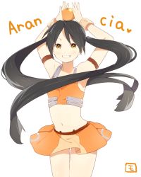 Rule 34 | 1girl, arancia, armpits, arms up, bad id, bad pixiv id, black hair, blush, brown eyes, character name, flat chest, food, fruit, grin, happy, holding, holding food, holding fruit, long hair, midriff, mosuko, navel, orange (fruit), orange skirt, original, simple background, skirt, smile, solo, translated, twintails, white background