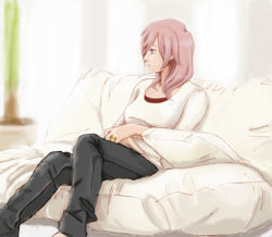 Rule 34 | 10s, 1girl, bad id, bad pixiv id, barefoot, black pants, blue eyes, casual, couch, denim, female focus, final fantasy, final fantasy xiii, honey cherry, jeans, jewelry, lightning farron, long hair, mori (honeycherry310), pants, pillow, pink hair, ring, shirt, sitting, solo, white shirt, white upholstery