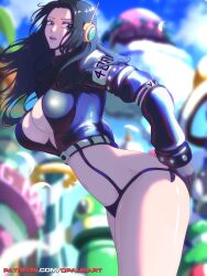Rule 34 | 1girl, absurdres, arm rest, armlet, artist name, ass, bell sleeves, bikini, black bikini, black border, black gloves, black jacket, blue sky, blurry, blurry background, border, cloud, cloudy sky, crop top, cropped jacket, ear covers, from side, gloves, hand on own ass, highres, jacket, long hair, long sleeves, looking at viewer, looking to the side, midriff, nico robin, nico robin (egghead), one piece, opalis, parted lips, patreon username, profile, revealing clothes, shiny skin, sideways glance, sideways mouth, signature, sky, solo, standing, studded, studded sleeves, swimsuit, thighhighs, wide hips