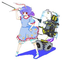 Rule 34 | 1girl, animal ears, blue dress, blue hair, cable, collarbone, commentary request, crescent, dress, full body, hammer, hand on own hip, highres, huge weapon, machinery, mikozin, open mouth, puffy short sleeves, puffy sleeves, rabbit ears, red eyes, seiran (touhou), short sleeves, simple background, socks, solo, standing, star (symbol), star print, touhou, weapon, wheel, white background, white socks