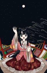 Rule 34 | 1girl, :o, abstract background, absurdres, arm up, black background, black eyes, black hair, black sky, cloud, commentary, commission, egasumi, floral print, frilled shirt collar, frilled skirt, frills, full body, full moon, highres, hime cut, houraisan kaguya, leaf print, long hair, long skirt, long sleeves, looking at viewer, looking up, moon, neckerchief, neruzou, night, night sky, open mouth, pink shirt, pixiv commission, print shirt, print skirt, red skirt, seiza, shirt, sidelocks, sitting, skirt, sky, solo, star (sky), starry sky, touhou, very long hair, white neckerchief, wide sleeves