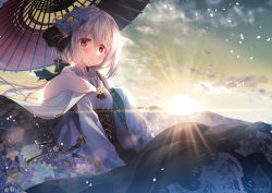Rule 34 | 1girl, animal, bird, black skirt, blue bow, blue kimono, bow, breasts, closed mouth, cloud, commentary request, floral print, fur trim, hair between eyes, hair bow, highres, japanese clothes, kimono, long sleeves, looking at viewer, mountain, oil-paper umbrella, original, outdoors, red eyes, red umbrella, resolution mismatch, shouna mitsuishi, silver hair, skirt, sky, sleeves past fingers, sleeves past wrists, small breasts, solo, source smaller, sunrise, umbrella, wide sleeves