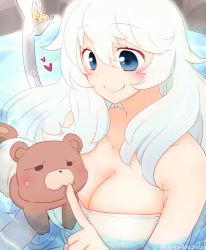 Rule 34 | 1girl, artemis (fate), bare shoulders, bear, blue eyes, blush, breasts, cleavage, fate/grand order, fate (series), heart, orion (bear) (fate), smile, towel, white hair