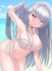 Rule 34 | 1girl, alternate costume, azur lane, beach, belfast (azur lane), bikini, blue sky, blurry, blurry background, blush, braid, breasts, broken, broken chain, chain, cleavage, cloud, cloudy sky, collar, commentary, cowboy shot, day, french braid, hand in own hair, highres, large breasts, leaning forward, long hair, looking at viewer, maid headdress, midriff, navel, ocean, open mouth, outdoors, purple eyes, silver hair, sky, solo, swimsuit, thighs, wet, white bikini, yuutii