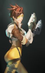 Rule 34 | 1girl, ass, bad id, bad pixiv id, bodysuit, bomber jacket, breasts, brown eyes, brown gloves, brown hair, brown jacket, chest harness, closed mouth, cowboy shot, cross-laced clothes, cross-laced legwear, dual wielding, from side, fur trim, gloves, goggles, gun, handgun, hands up, harness, high collar, highres, holding, holding gun, holding weapon, jacket, leather, leather jacket, lips, nezumi (tuboshu2013), overwatch, overwatch 1, pants, pistol, short hair, short sleeves, skin tight, sleeves rolled up, solo, spiked hair, swept bangs, thigh strap, thighs, tight clothes, tight pants, tracer (overwatch), vambraces, weapon