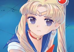 Rule 34 | 1girl, bishoujo senshi sailor moon, blonde hair, blue background, blue eyes, blue sailor collar, bow, bowtie, breasts, choker, circlet, cleavage, collared shirt, commentary, crescent, crescent earrings, dangle earrings, double bun, earrings, english commentary, eyelashes, hair bun, hair ornament, heart, heart choker, jewelry, kikkidream, long hair, looking ahead, medium breasts, meme, parted lips, red bow, red bowtie, red choker, sailor collar, sailor moon, sailor moon redraw challenge (meme), shirt, short sleeves, signature, solo, tile floor, tiles, twintails, upper body, wavy mouth, white shirt