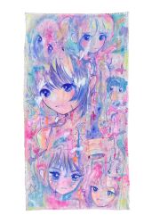 Rule 34 | 6+girls, acrylic paint (medium), bare shoulders, blue eyes, blue hair, chibi, closed mouth, commentary, highres, looking at viewer, multiple girls, original, painting (medium), short hair, spaghetti strap, sparkle, star (symbol), tagme, traditional media, yuuutu 666