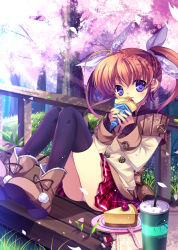 Rule 34 | 00s, 1girl, ankle boots, black thighhighs, blush, boots, brown hair, cake, capura lin, casual, cherry blossoms, crepe, drink, female focus, food, food on face, fork, grass, light smile, long sleeves, lyrical nanoha, mahou shoujo lyrical nanoha, nature, outdoors, panties, pantyshot, petals, plaid, plant, purple eyes, short hair, sitting, skirt, solo, sunlight, takamachi nanoha, thighhighs, tree, twintails, underwear, white panties