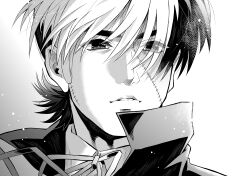 Rule 34 | 1boy, absurdres, bishounen, black jack (character), black jack (series), collared shirt, greyscale, hair over one eye, high collar, highres, light particles, looking ahead, male focus, monochrome, multicolored hair, parted lips, ribbon, scar, scar on face, shirt, short hair, simple background, solo, split-color hair, yuu (masarunomori)