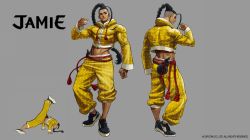 Rule 34 | 1boy, antenna hair, black hair, braid, braided ponytail, breakdance, capcom, character name, character sheet, chinese clothes, copyright notice, crop top, full body, gourd, jamie siu, midriff, multiple views, navel, official art, shoes, sneakers, street fighter, street fighter 6, takayuki nakayama, turnaround