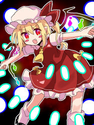 Rule 34 | 1girl, ascot, blonde hair, blush, cowboy shot, crystal wings, dress, fang, flandre scarlet, frills, hat, medium hair, mob cap, open mouth, pointy ears, red dress, red eyes, red ribbon, ribbon, short sleeves, side ponytail, solo, touhou, user etcs8358, wings, yellow ascot