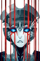 Rule 34 | 1boy, 1girl, blood, blood on face, cover, eye focus, eye reflection, highres, lips, mecha, monochrome, reflection, robot, sarah stone, science fiction, solid eyes, starscream, the transformers (idw), transformers, windblade, windblade (transformers)