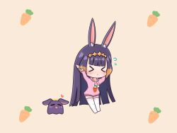 Rule 34 | &gt; &lt;, 1girl, 1other, :&lt;, absurdres, animal ears, blunt bangs, carrot, carrot print, chibi, commentary, diamond hairband, english commentary, fang, flying sweatdrops, food print, gradient hair, heart, highres, hololive, hololive english, long hair, mpien, multicolored hair, ninomae ina&#039;nis, octopus, open mouth, orange hair, pink background, pink sweater, pointy ears, purple hair, rabbit ears, simple background, socks, sweater, takodachi (ninomae ina&#039;nis), tentacle hair, tentacles, very long hair, virtual youtuber, white socks