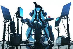 Rule 34 | 1girl, absurdres, arms up, blue eyes, blue hair, coffee mug, computer, cup, female focus, hatsune miku, headphones, headset, highres, huke, jacket, long hair, matching hair/eyes, monochrome, mug, necktie, scan, sitting, skirt, solo, spot color, thighhighs, track jacket, twintails, very long hair, vocaloid, white background, zettai ryouiki