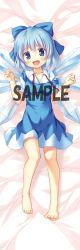 Rule 34 | 1girl, :d, bare legs, barefoot, bed sheet, blue bow, blue dress, blue eyes, blue hair, bow, cirno, dakimakura (medium), dress, fairy, fang, full body, hair bow, happy, ice, ice wings, large bow, looking at viewer, lying, matching hair/eyes, on back, open mouth, sample watermark, short hair, smile, solo, touhou, watermark, wings, yukino minato