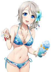 Rule 34 | 1girl, :d, alternate hairstyle, bad id, bad pixiv id, bikini, blue bikini, blue eyes, blue flower, blush, bracelet, breasts, cleavage, commentary request, cowboy shot, cup, feeding, floral print, flower, food, frilled bikini, frills, fruit, grey hair, hair flower, hair ornament, hairpin, halterneck, holding, holding cup, holding spoon, incoming food, jewelry, looking at viewer, love live!, love live! sunshine!!, medium breasts, medium hair, navel, necklace, open mouth, orange (fruit), orange slice, pov feeding, print bikini, round teeth, shaved ice, ship&#039;s wheel, side-tie bikini bottom, side ponytail, simple background, smile, solo, spoon, suzume miku, swimsuit, teeth, upper teeth only, watanabe you, white background