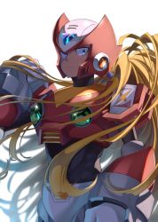 Rule 34 | 1boy, android, blonde hair, blue eyes, blurry, blurry background, capcom, closed mouth, commentary request, gloves, helmet, highres, long hair, looking at viewer, male focus, mega man (series), mega man x (series), parco 1315, shaded face, simple background, solo, upper body, white background, white gloves, zero (mega man)