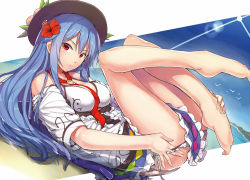 Rule 34 | 1girl, adapted costume, bikini, blue hair, blush, artistic error, food, fruit, gradient background, hat, hinanawi tenshi, long hair, neropaso, panties, panty pull, peach, red eyes, solo, swimsuit, touhou, underwear, undressing, wrong foot