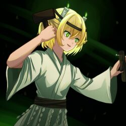 Rule 34 | 1girl, blonde hair, breasts, brown sash, candle, chunjiu, commentary request, cowboy shot, dutch angle, fire, fire, green eyes, green fire, hair between eyes, half updo, hashihime, highres, holding, holding mallet, japanese clothes, kimono, mallet, medium bangs, mizuhashi parsee, nail, open mouth, pointy ears, shide, short hair, short sleeves, small breasts, smile, solo, straw doll, touhou, ushi no koku mairi, white kimono