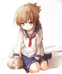 Rule 34 | 10s, 1girl, animal ears, blush, brown eyes, brown hair, cat, cat ears, commentary request, folded ponytail, hair ornament, inazuma (kancolle), kantai collection, long hair, maszom, nijou katame, petting, school uniform, serafuku, sitting, skirt, sleeves past wrists, smile, solo, tail, text focus, twitter username