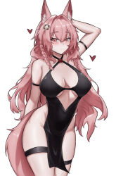 Rule 34 | 1girl, animal ears, arknights, arm strap, arm up, bare shoulders, black dress, blush, braid, breasts, commentary, cowboy shot, dress, fangs (fangs art), groin, hair intakes, halter dress, halterneck, heart, highres, large breasts, long hair, looking at viewer, pelvic curtain, pink eyes, pink hair, pozyomka (arknights), simple background, solo, standing, tail, thigh strap, thighs, twin braids, very long hair, white background, wolf ears, wolf tail