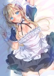 Rule 34 | 1girl, apron, black dress, blonde hair, blue eyes, blush, breasts, colored eyelashes, dress, female focus, large breasts, long hair, looking at viewer, lying, maid, maid apron, maid headdress, on back, open mouth, original, puffy short sleeves, puffy sleeves, short dress, short sleeves, solo, yu yu
