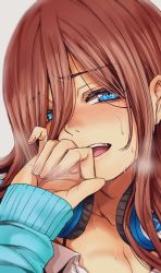 Rule 34 | 1girl, blue eyes, blue jacket, blush, breasts, brown hair, cleavage, go-toubun no hanayome, hand up, headphones, headphones around neck, hoshi san 3, jacket, long hair, long sleeves, looking at viewer, nakano miku, open mouth, sleeves past wrists, solo, sweat, upper body, white background