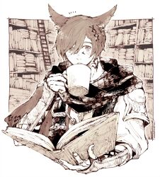 Rule 34 | 1boy, animal ears, black scarf, book, bookshelf, border, brown eyes, brown hair, cat ears, commentary, cropped torso, cup, dated, elbow gloves, eyes visible through hair, facial mark, final fantasy, final fantasy xiv, fingerless gloves, g&#039;raha tia, gloves, hair ornament, hand up, hatching (texture), holding, holding book, holding cup, indoors, itowo (itowc), jacket, jewelry, ladder, looking at viewer, male focus, miqo&#039;te, monochrome, mug, neck tattoo, notice lines, outside border, pendant, scarf, sepia, shirt, short hair, slit pupils, solo, swept bangs, tattoo, upper body, white border, white shirt, x hair ornament