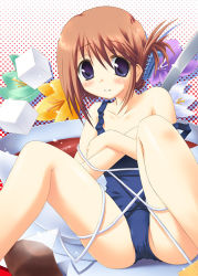 Rule 34 | 00s, 1girl, blue one-piece swimsuit, covering breasts, covering nipples, covering privates, folded ponytail, komaki manaka, kouzuki hajime, mini person, minigirl, one-piece swimsuit, school swimsuit, solo, swimsuit, to heart (series), to heart 2