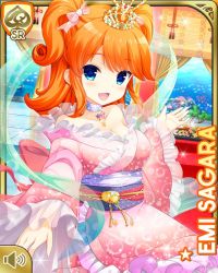Rule 34 | 1girl, :d, aquarium, blue eyes, bow, breasts, card (medium), character name, collarbone, crown, girlfriend (kari), indoors, japanese clothes, kimono, large breasts, looking at viewer, medium hair, official art, open mouth, orange hair, pink bow, pink kimono, qp:flapper, sagara emi, sash, see through clothes, smile, tagme, two side up
