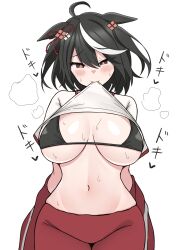 Rule 34 | 1girl, absurdres, ahoge, animal ears, bikini, black bikini, black hair, blush, bow, breasts, breasts apart, clothes lift, ear ornament, ear ribbon, hair between eyes, heartbeat, highres, horse ears, horse girl, kitasan black (umamusume), large breasts, lifted by self, looking at viewer, midriff, mouth hold, multicolored hair, navel, puchimosu (mosu1427), shirt, shirt lift, short hair, simple background, solo, sweat, swimsuit, tracen training uniform, umamusume, white background