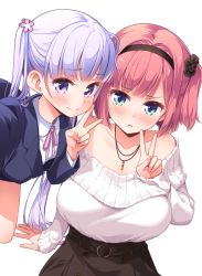 Rule 34 | 2girls, bare shoulders, blush, breasts, closed mouth, collarbone, green eyes, hairband, highres, jewelry, large breasts, long hair, long sleeves, looking at viewer, mochizuki momiji, multiple girls, necklace, new game!, off-shoulder sweater, off shoulder, official art, parted lips, pink hair, purple eyes, purple hair, short hair, suzukaze aoba, sweater, tokunou shoutarou, twintails, v, white background, white sweater