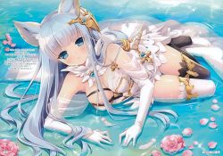 Rule 34 | 10s, 1girl, absurdres, animal ears, asymmetrical legwear, blue eyes, blue hair, breasts, cat ears, cleavage, elbow gloves, erune, eyebrows, flower, gloves, granblue fantasy, highres, huge filesize, korwa, large breasts, long hair, looking at viewer, matching hair/eyes, ozawa yuu, parted lips, partially submerged, petals, pink flower, scan, see-through, solo, thighhighs, uneven legwear, water, white gloves