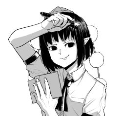 Rule 34 | 1girl, arm up, black eyes, black neckwear, closed mouth, greyscale, hat, highres, holding, holding notebook, holding pen, looking at viewer, monochrome, notebook, pen, peroponesosu., pointy ears, pom pom (clothes), shameimaru aya, shirt, short hair, short sleeves, simple background, smile, solo, tokin hat, touhou, upper body, white background, white shirt