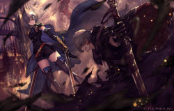 Rule 34 | 1boy, 1girl, black footwear, black jacket, black shorts, black sleeves, boots, closed mouth, detached sleeves, dutch angle, from below, gauntlets, hair between eyes, hair ornament, highres, holding, holding sword, holding weapon, jacket, original, red eyes, short hair, short shorts, shorts, silver hair, sleeveless, sleeveless jacket, sword, tachikawa mushimaro, thigh boots, thighhighs, weapon, zettai ryouiki