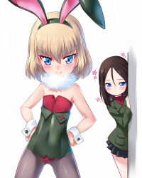 Rule 34 | 10s, 2girls, adapted uniform, animal ears, black hair, black pantyhose, black skirt, blonde hair, blue eyes, blush, closed mouth, commentary, corner, covered navel, emblem, fake animal ears, fake tail, fang, flat chest, flower, fur collar, girls und panzer, gluteal fold, green jacket, hands on own hips, highres, jacket, katyusha (girls und panzer), kuzuryuu kennosuke, leotard, long hair, long sleeves, looking at another, looking at viewer, miniskirt, motion lines, multiple girls, nonna (girls und panzer), pantyhose, peeking out, playboy bunny, pleated skirt, pravda school uniform, rabbit ears, red legwear, red shirt, school uniform, shirt, short hair, skirt, smile, standing, strapless, strapless leotard, swept bangs, tail, turtleneck, v-shaped eyebrows, white background, wrist cuffs