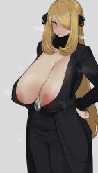 Rule 34 | 1girl, areola slip, black eyes, blonde hair, blush, breasts, chamchami, cleavage, creatures (company), curvy, cynthia (pokemon), dress, game freak, hand on own hip, huge breasts, large areolae, long hair, looking at viewer, nintendo, one eye covered, plump, pointy breasts, pokemon, pokemon dppt, sagging breasts, see-through, solo, standing