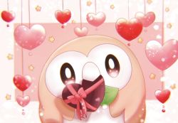Rule 34 | bird, blurry, brown eyes, commentary request, creatures (company), game freak, gen 7 pokemon, head tilt, heart, looking at viewer, mouth hold, nintendo, no humans, owl, pink ribbon, pokemon, pokemon (creature), ribbon, rowlet, solo, star (symbol), ynmr ll