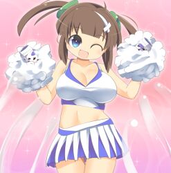 Rule 34 | 1girl, :d, blue eyes, blue sky, blush, breasts, brown hair, cheerleader, cleavage, coffee cup, commentary request, cowboy shot, cup, disposable cup, fang, hair ornament, holding, holding pom poms, large breasts, lets0020, looking at viewer, midriff, miniskirt, minori (senran kagura), navel, one eye closed, open mouth, pink background, pom pom (cheerleading), pom poms, senran kagura, short hair, skirt, sky, smile, solo, sports bra, twintails, white skirt, white sports bra, x hair ornament