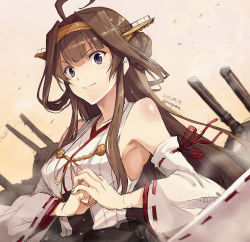 Rule 34 | 10s, 1girl, 2015, ahoge, bare shoulders, black eyes, brown hair, cannon, cracking knuckles, dated, female focus, grin, hair bun, hair rings, japanese clothes, kantai collection, kongou (kancolle), long hair, looking at viewer, naughty face, parted lips, purple eyes, ribbon-trimmed sleeves, ribbon trim, single hair bun, sketch, smile, solo, tomozo kaoru, twitter username, upper body